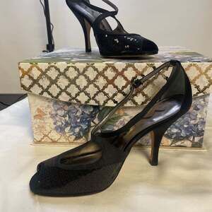 Nina Black Sequin Open Toe High Heel Shoes